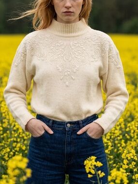 Rina Rossi Cream Embroidered Mock Neck Sweater Lambswool/ Rabit fur Blend
